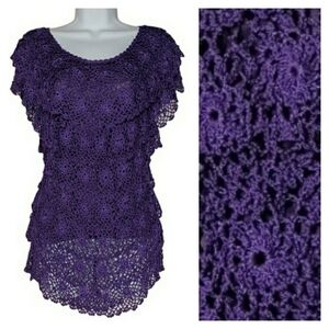 PRETTY FANCY Purple Crochet Tiered Layer Short Sleeve Top Small